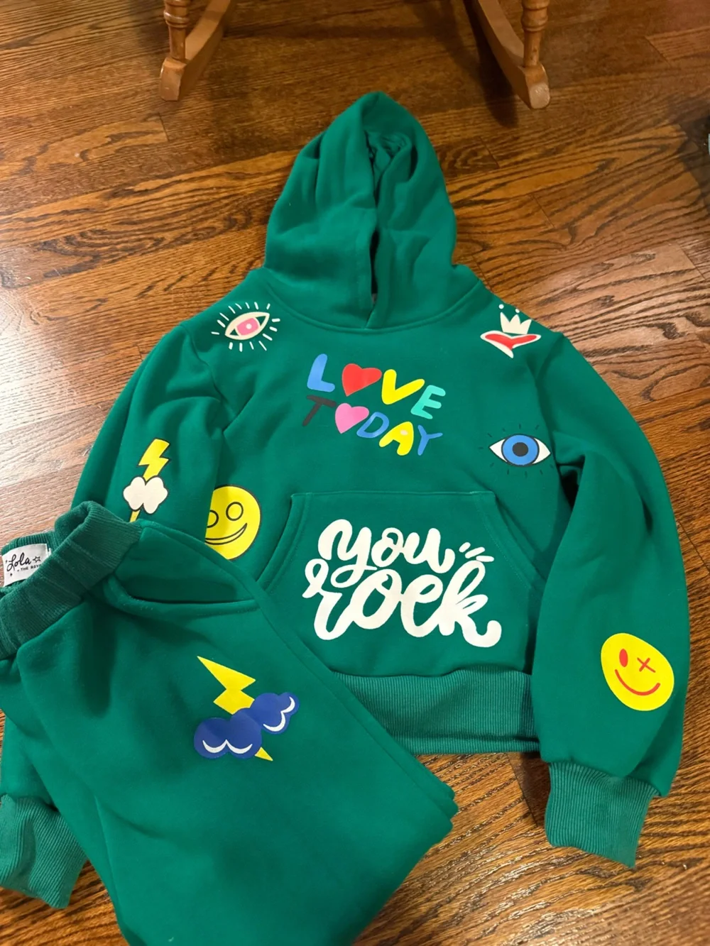 Lola + The Boys Green Kids Hoodie & Sweatpant Set with Colorful Graphic Prints